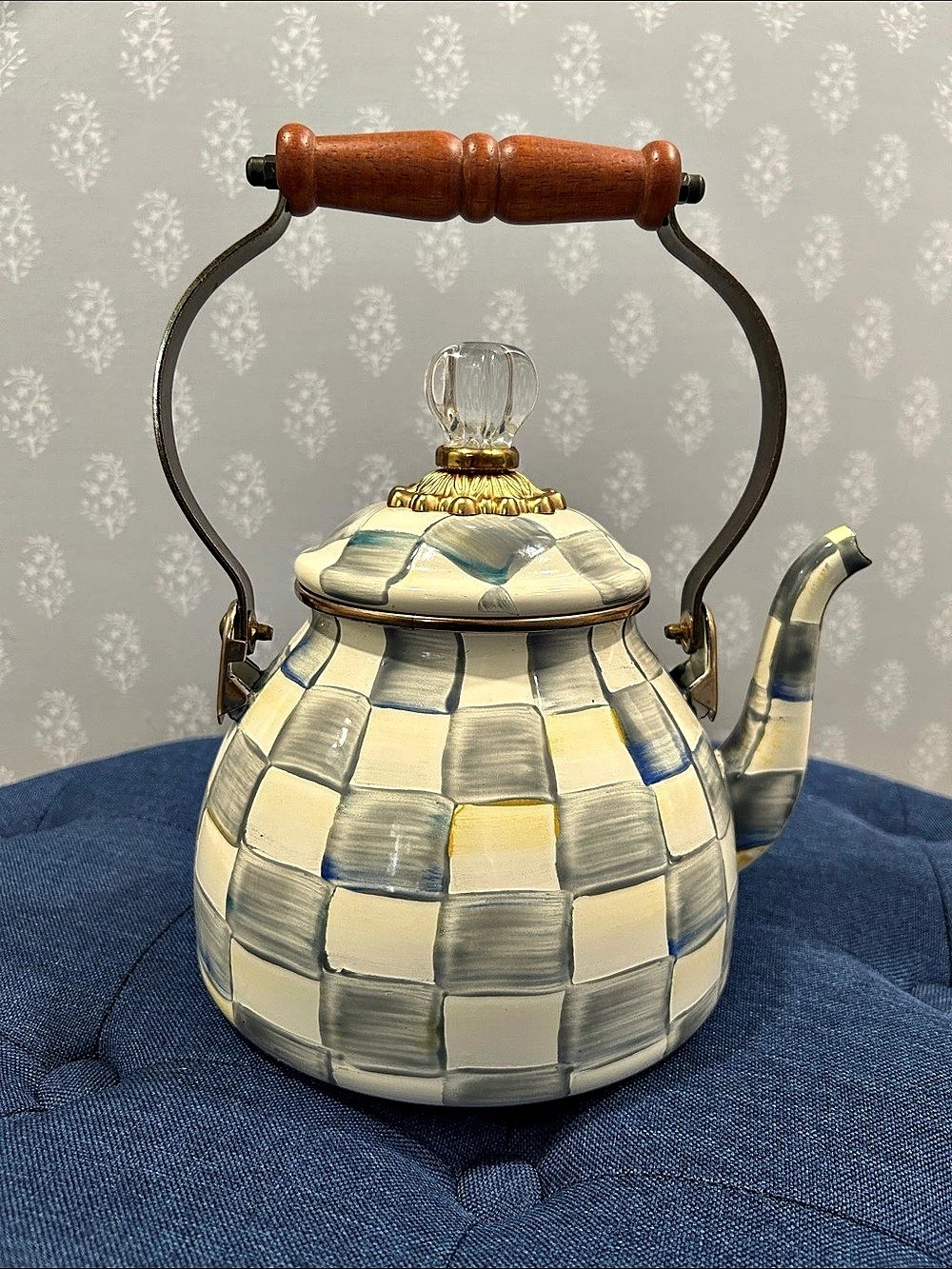 Mackenzie-Childs Sterling Check Enamel Tea Kettle White & Gray